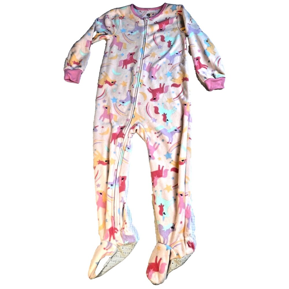 Girl's 5T Fleece Footed Unicorn Rainbow 1 Piece PJ Zip-Up "Kids Headquarter" New